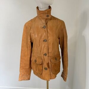 Y2K Gap Tan Genuine Leather Field Jacket Button Front Funnel Neck Small READ
